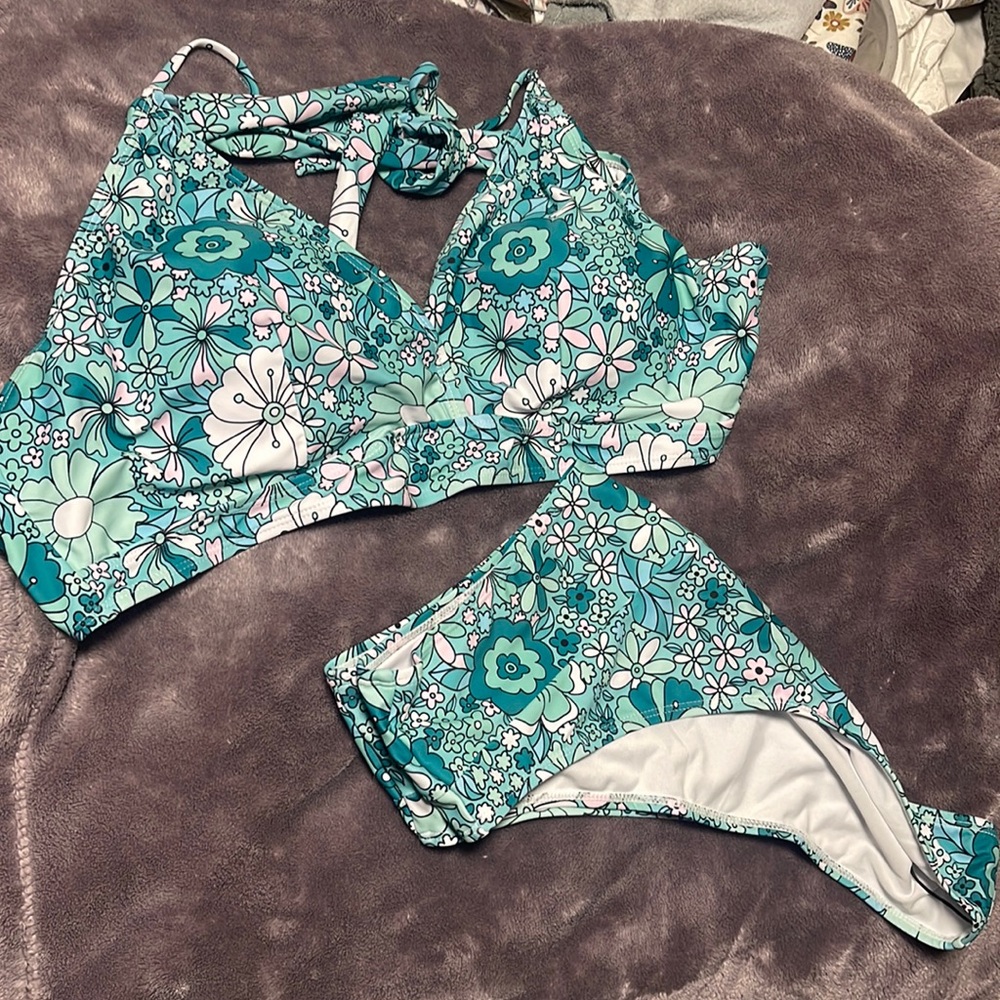Blue floral high cut bikini